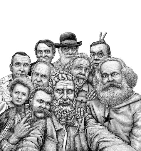 Illustration: Roland Straller Die zehn portraitierten Denkerinnen und Denker